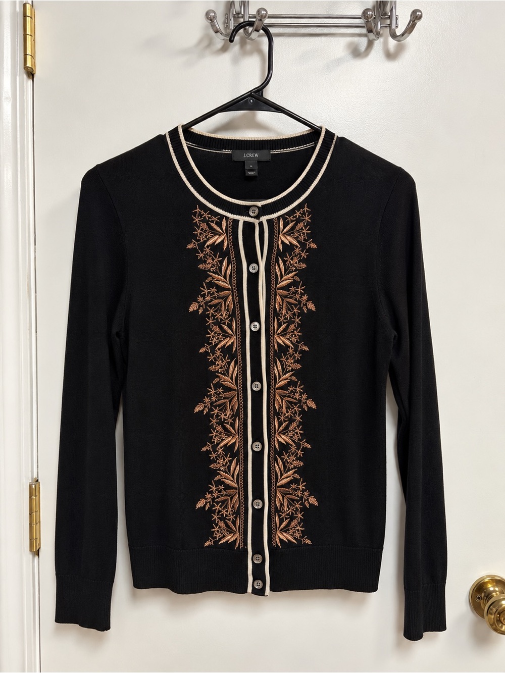 J. Crew Black Cardigan with Rust Floral Embroidery